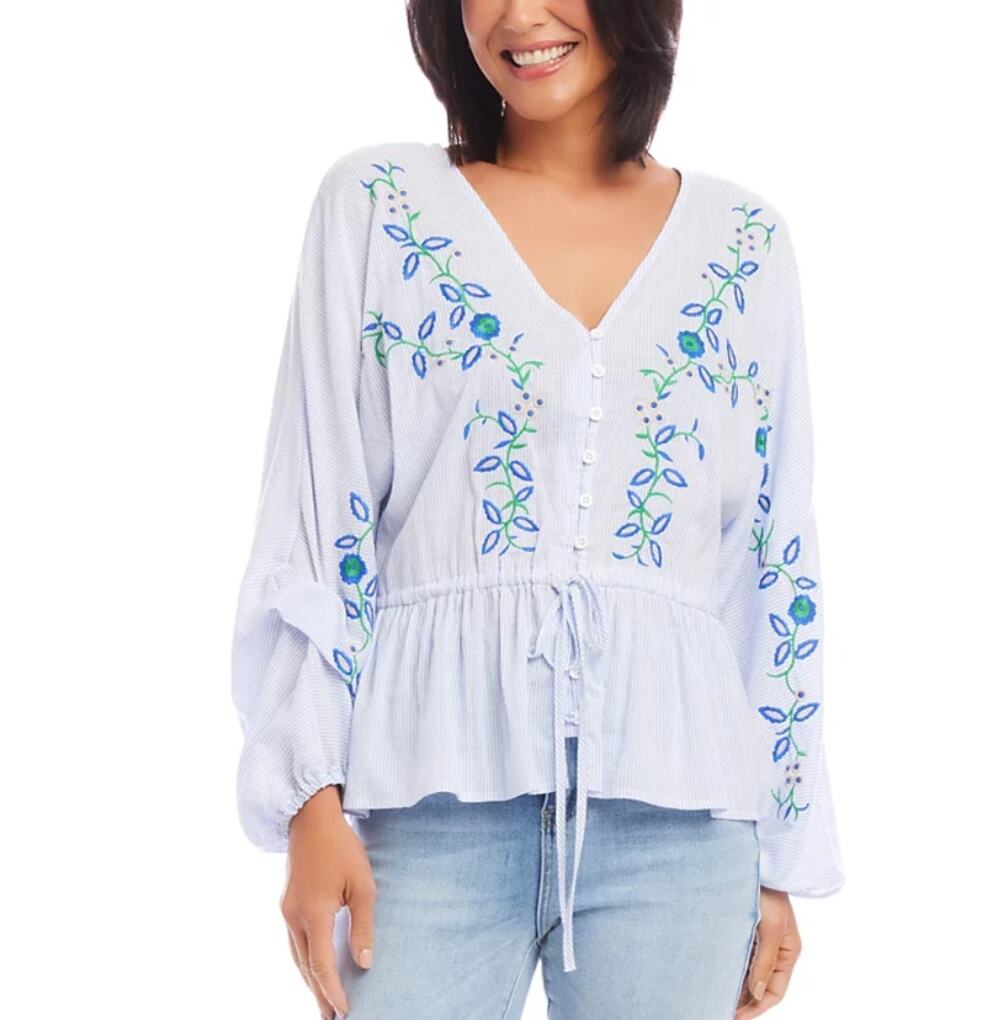 KAREN KANE TOP WOMENS MEDIUM FLORAL EMBROIDERED DRAWSTRING BLUE STRIPE NEW